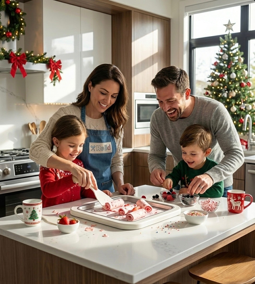 Family in a kitchen preparing food together during Christmas time